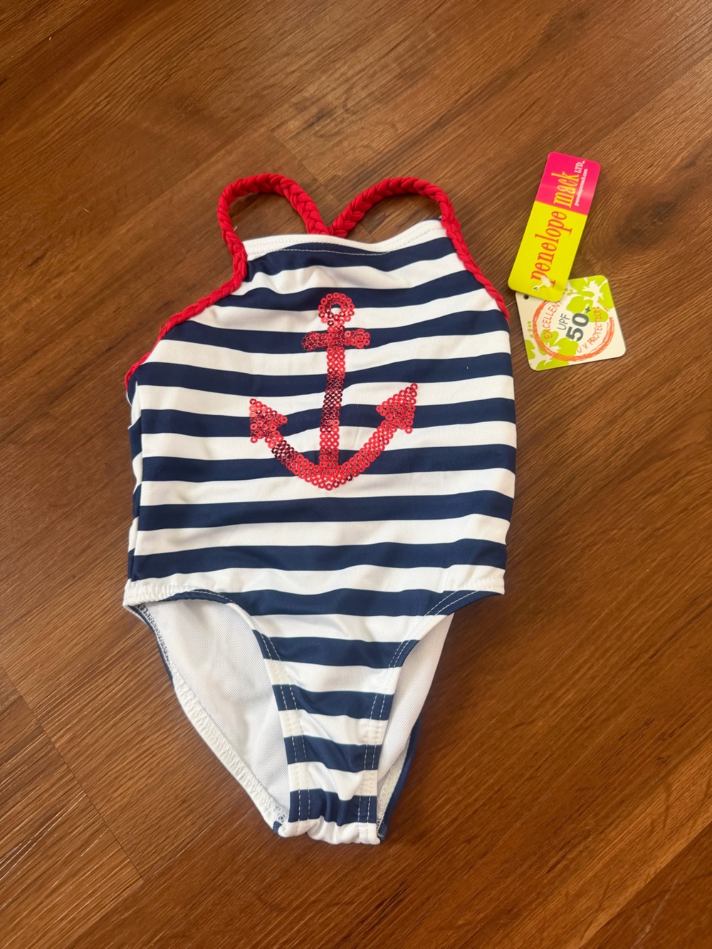 Penelope Mack Navy White Striped One-Piece Swimsuit with Red Anchor